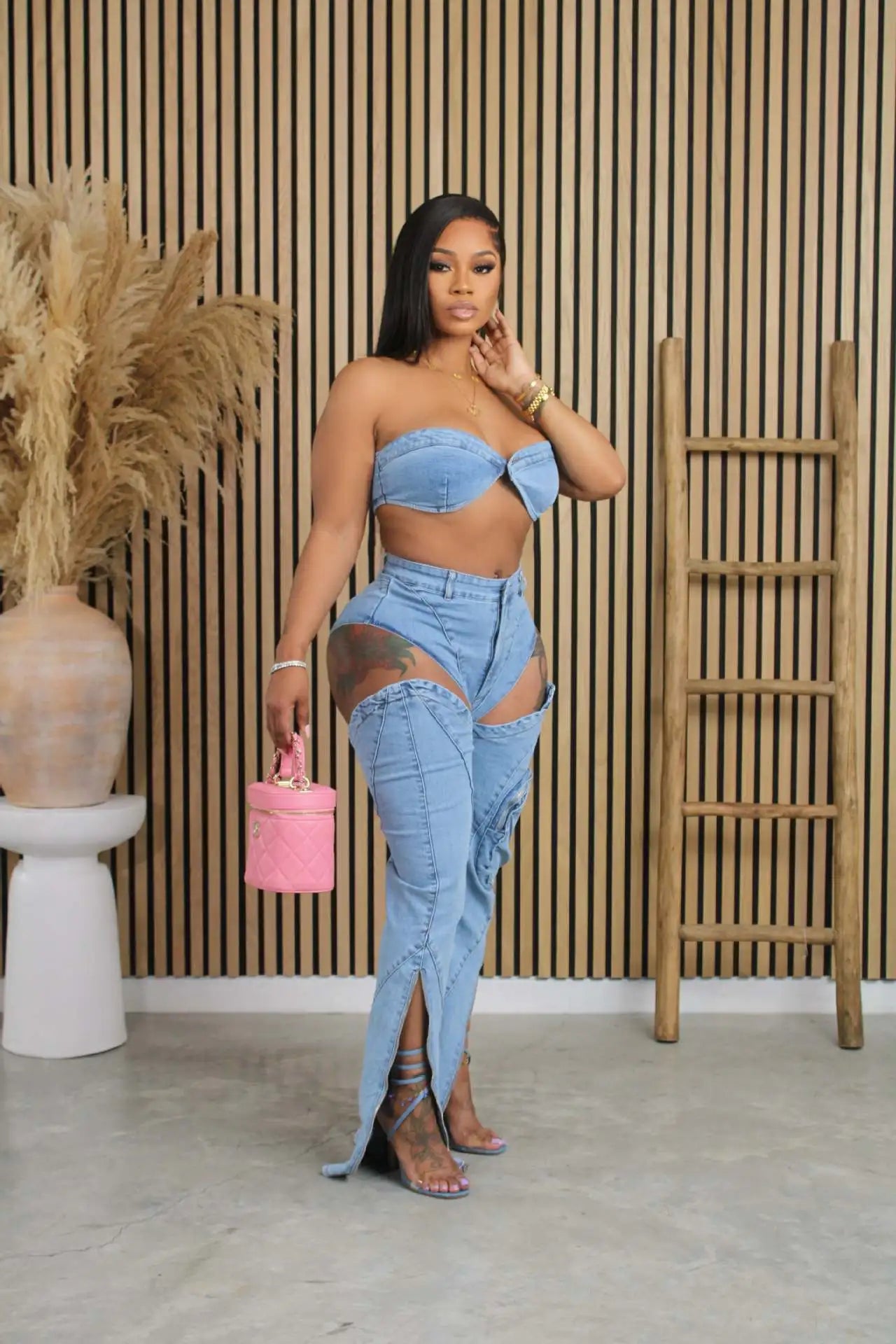 Denim Pants Sets for Women 2024 Sexy Streetwear Two Piece Set Outfits Chest Wrap Sleeveless Backless Top Hollow Out Jeans