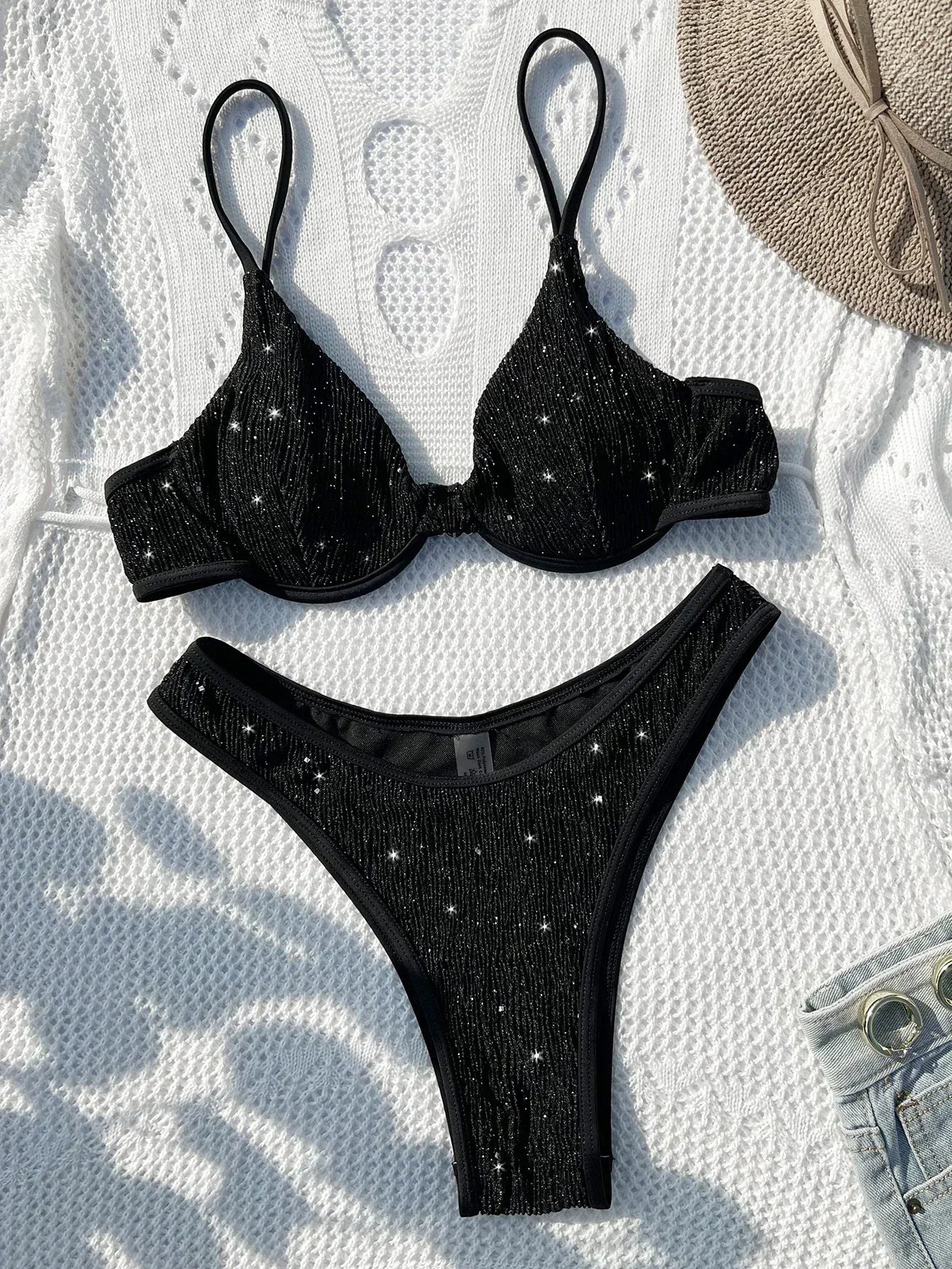 Swimsuit Women 2024 Black Shiny Bikini Sexy High Waist 2 Piece Swimwear Steel Support Female V-neck Beach Bathing Suit YX1378X