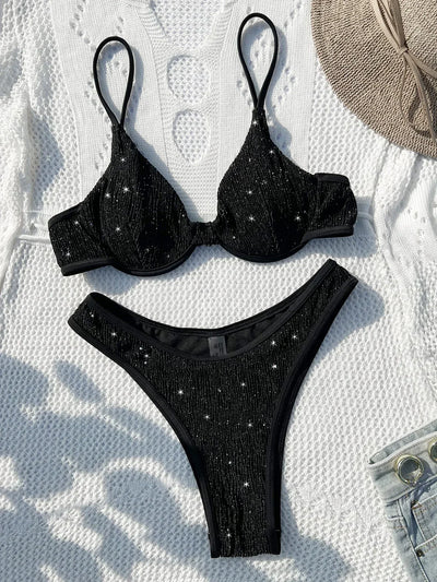 Swimsuit Women 2024 Black Shiny Bikini Sexy High Waist 2 Piece Swimwear Steel Support Female V-neck Beach Bathing Suit YX1378X