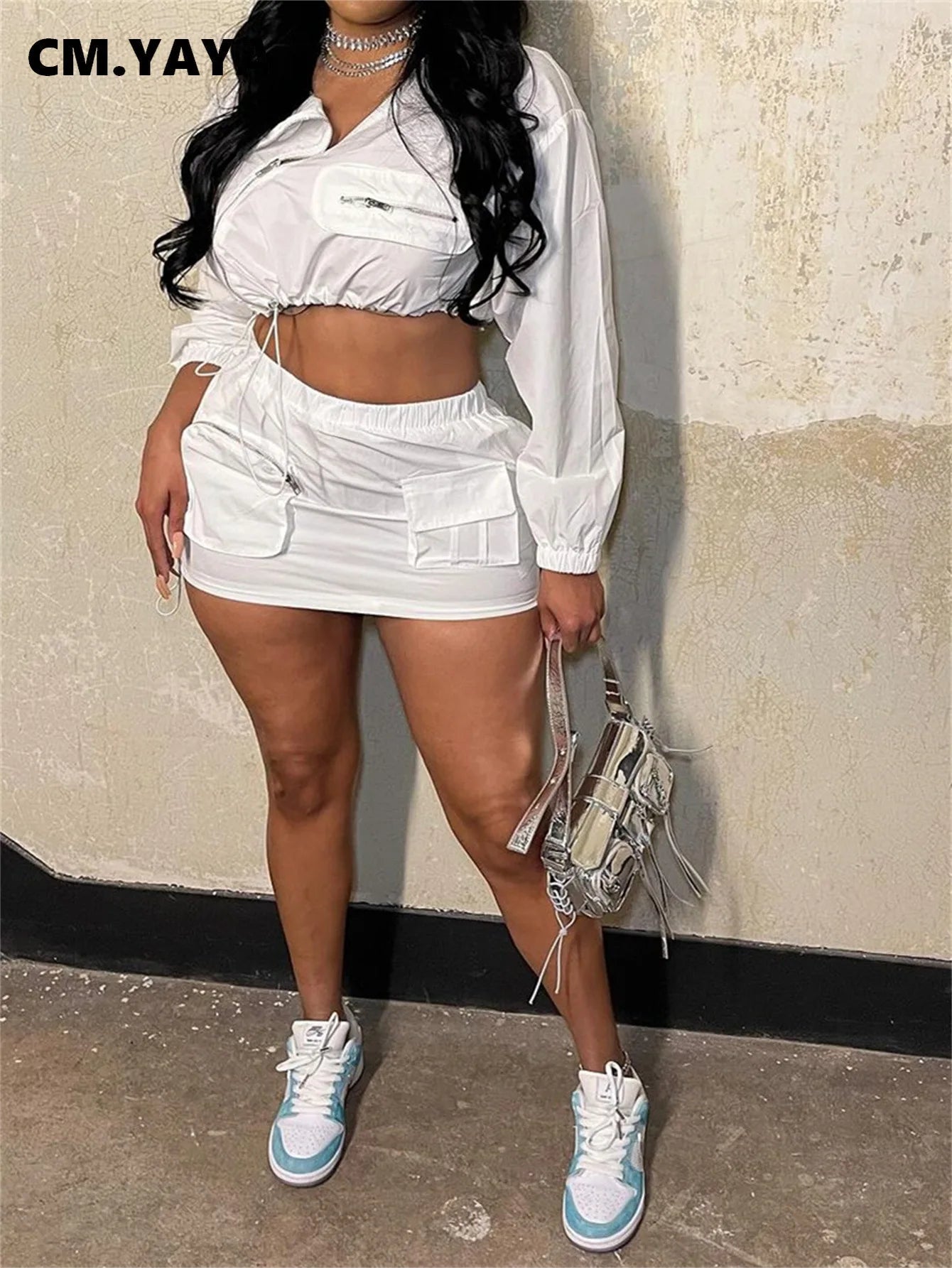 CM.YAYA Fashion Safari Style Women's Set Long Sleeve Zipper Fly Tops and Cargo Midi Mini Skirts Suit 2025 Two 2Piece Sets Outfit