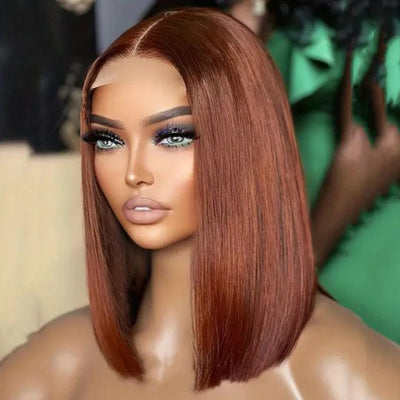 Short Brown Color Bob Wig Peruvian Straight Lace Front Human Hair Wigs For Women #33 Reddish Brown 13*6*1 T Lace Part Wig