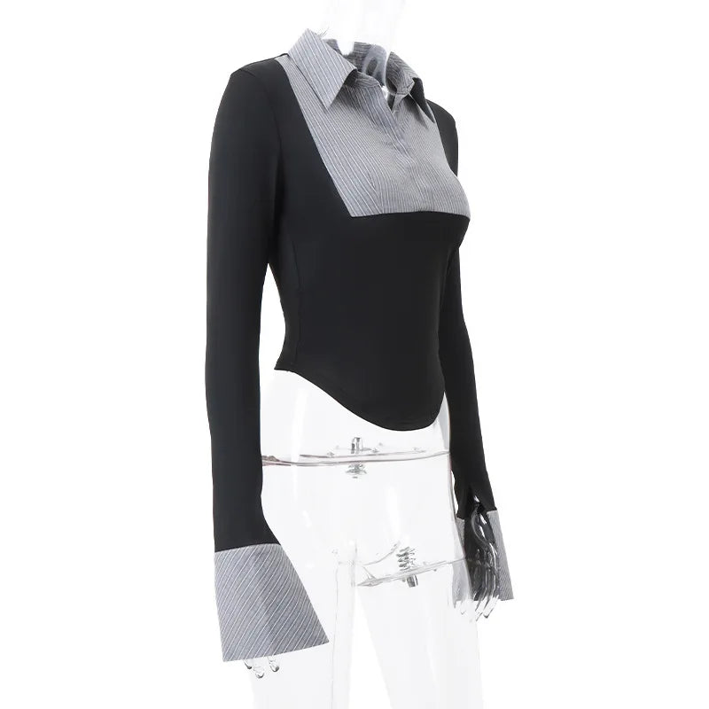 HLJ&GG Fashion Stripe Patchwork Two Piece Sets For Women Preppy Style Polo-neck Button Slim Shirts + Pleated Mini Skirts Outfits