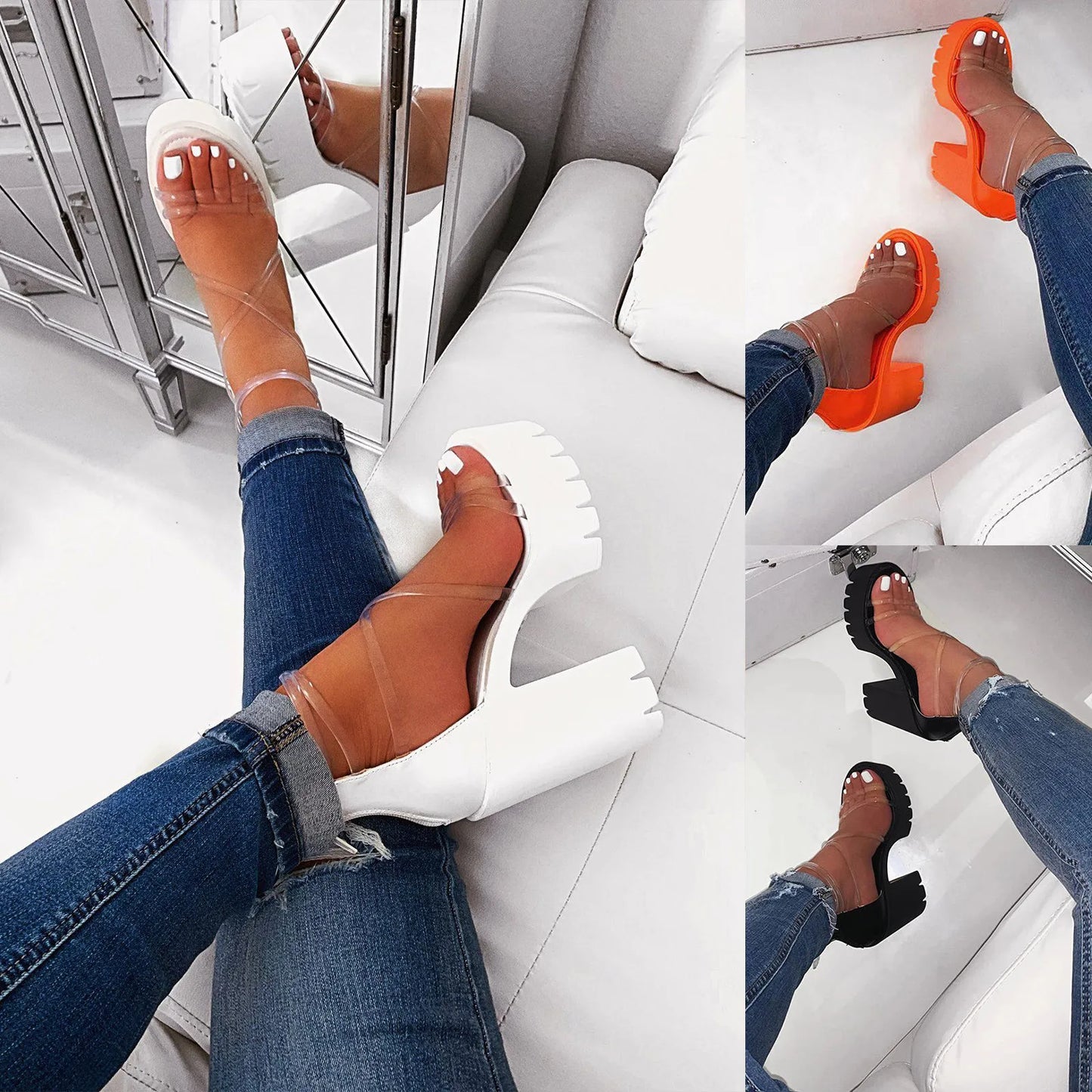 Women'S Fashionable Sandals Heels Asymmetric Transparent Strap Design Thick Heels Zipper Waterproof Platform High Heels Sandals