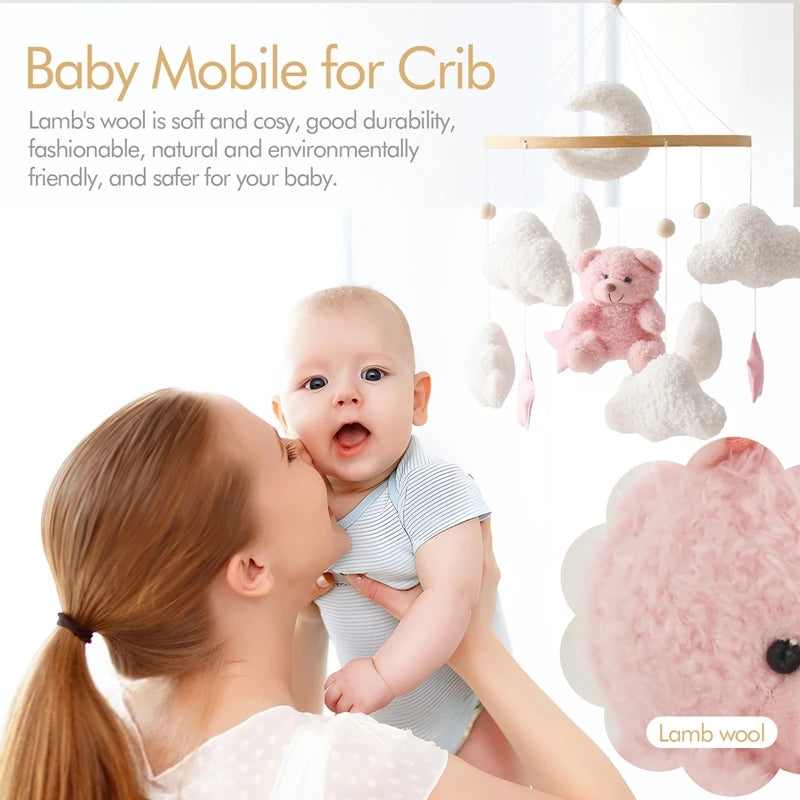 Baby Crib Mobile Rattle Toy 0-12Months Infant Soft Felt Teddy Velvet Pink Bear Bed Bell Hanging Toy Holder Bracket Crib Girl Toy