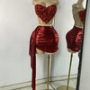 Sparkly Red Diamonds Asymmetrical Two Pieces Dress Design 2025 Women Sexy Strapless Top Skirt Suits Dance Performance Outfit