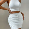 Women White Sexy Halter Neck Sleeveless Backless Two Piece Set Strapless Pleated Slim Bodycon Evening Dresses