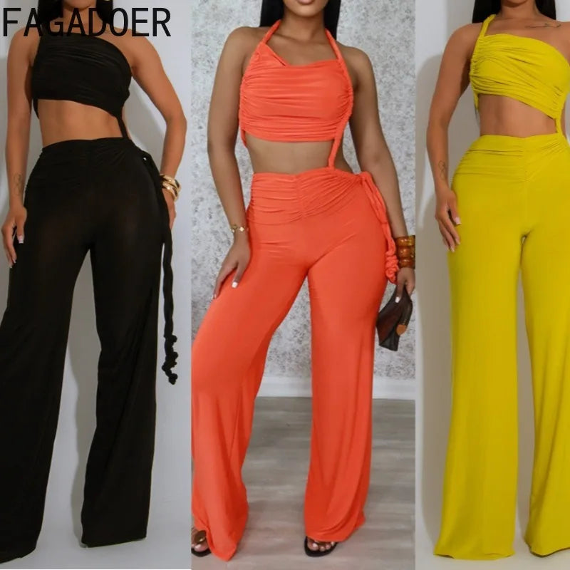 FAGADOER Sexy Ruched Patchwork Bodycon Jumpsuits for Woman Halter Sleeveless Wide-leg Romper Female Streetwear Overalls 2025 New