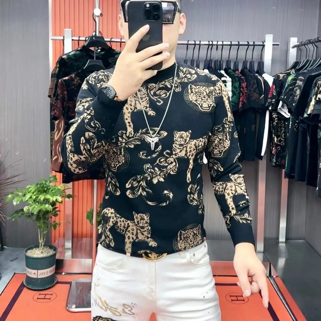 Men's T-shirt with Fashionable Personality Handsome and Versatile Trend Long Sleeved Men's Base Shirt Thick Style