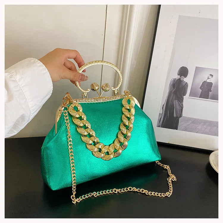 2024 Luxury Women Gold Green Chain Messenger Bags PU Leather Shoulder Bags Shell Clip Designer Handbag And Purse Wedding Clutch