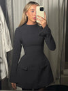 Hugcitar 2024 Spring O Neck Long Sleeve Solid Patchwork Zip Up Sexy Bodycon Mini Dress Women Fashion Outfits Birthday Party Y2K