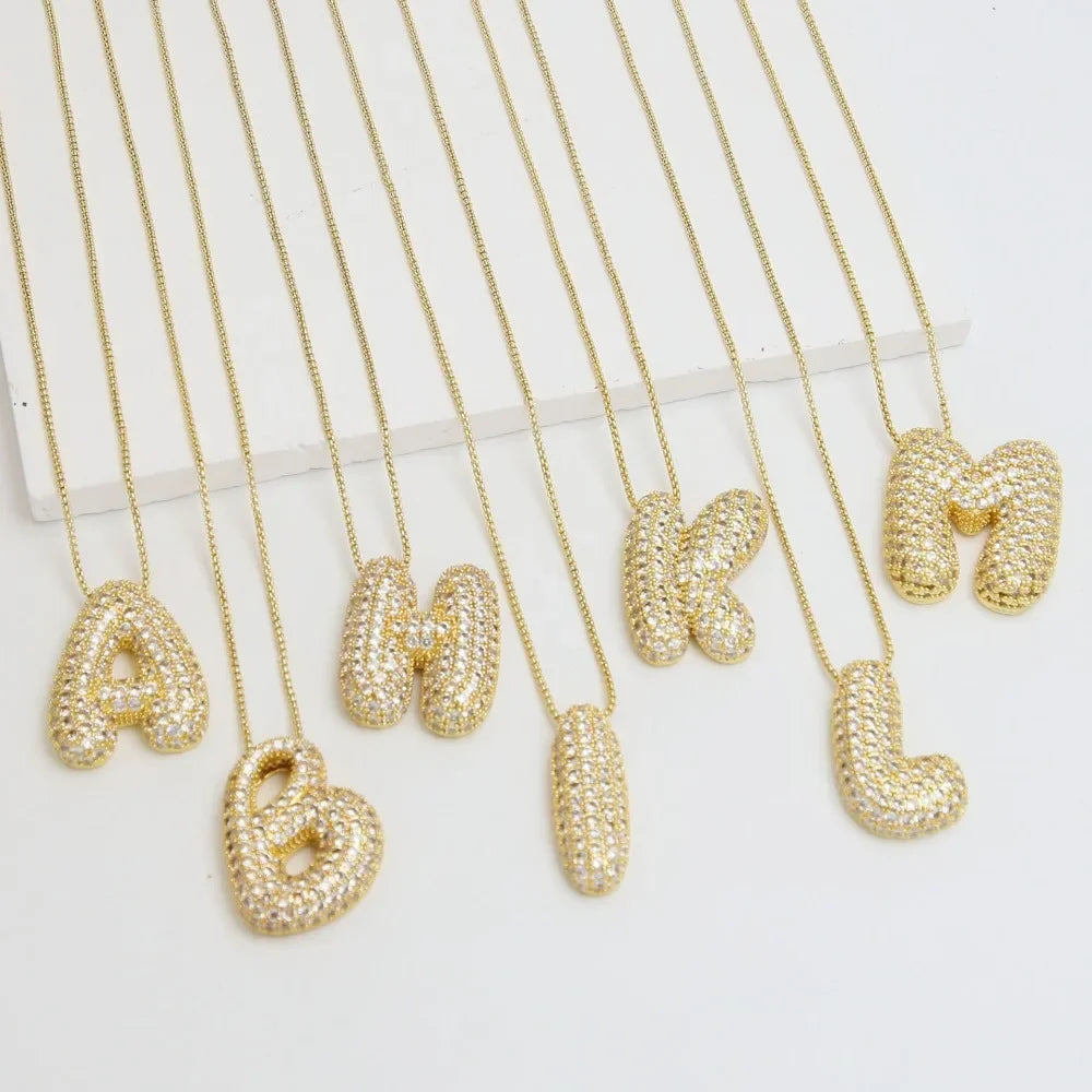 18K Gold Plated Waterproof Thick Bubble Alphabet Letter Clavicle Choker Necklace Sparkling Rhinestone Balloon Initial Jewelry