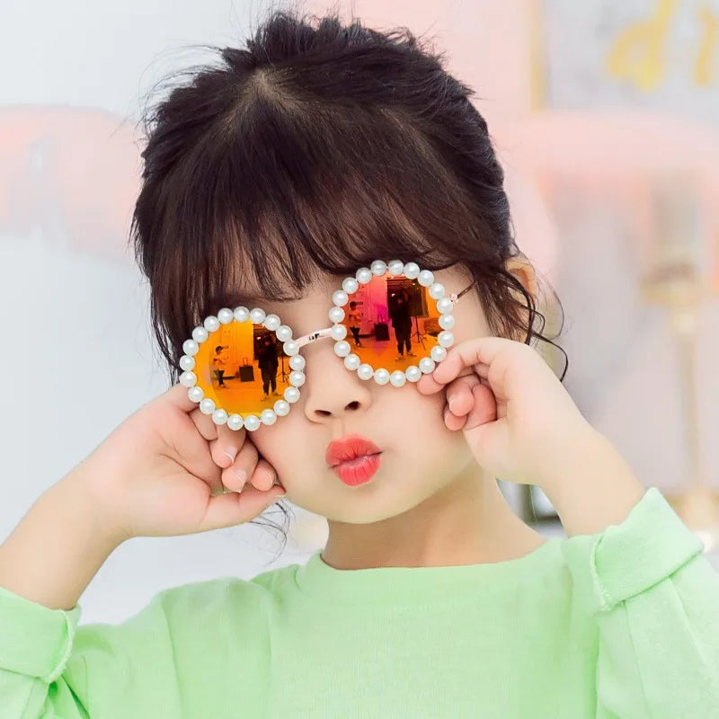 New Children's Circle Form Sunglasses Girl Decorative Pearl Frame Fashion Sun Glasses Cute Baby Outdoor Sunshade Eyewear UV400