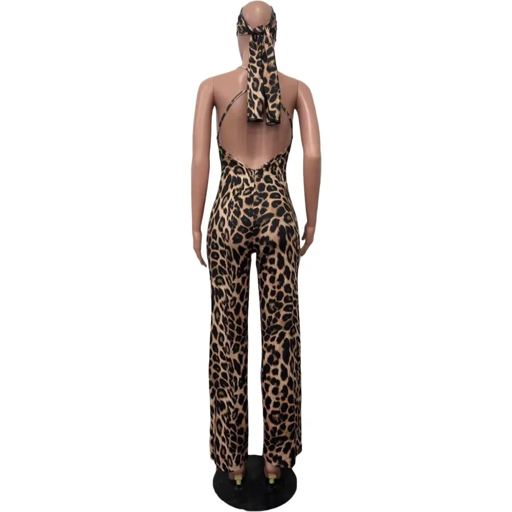 HLJ Sexy Leopard Print Bodycon Jumpsuits Women Thin Strap Sleeveless V Neck Wide Leg Pants Playsuit Female Overall With Scarf