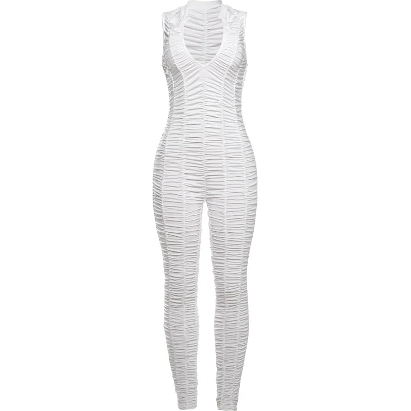 Weird Puss Ruffles Stretch Jumpsuit Women Casual Tight Fitness Activity Sleeveless Low-Neck Solid Skinny Sporty Workout Overalls