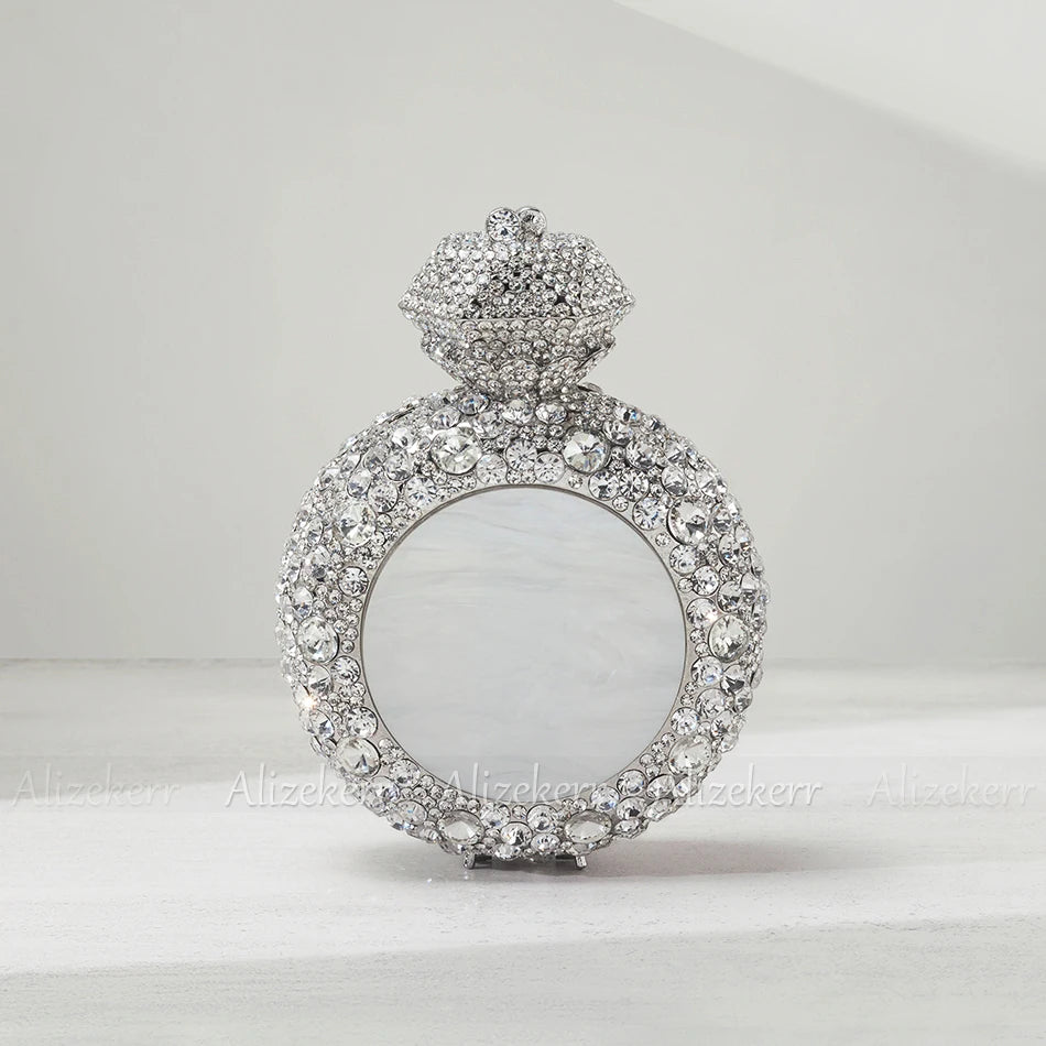 Alizekerr Perfume Bottle Shaped Crystal Evening Bags Women Gorgeous Classy Rhinestone Round Metal Clutch Purses Wedding Party