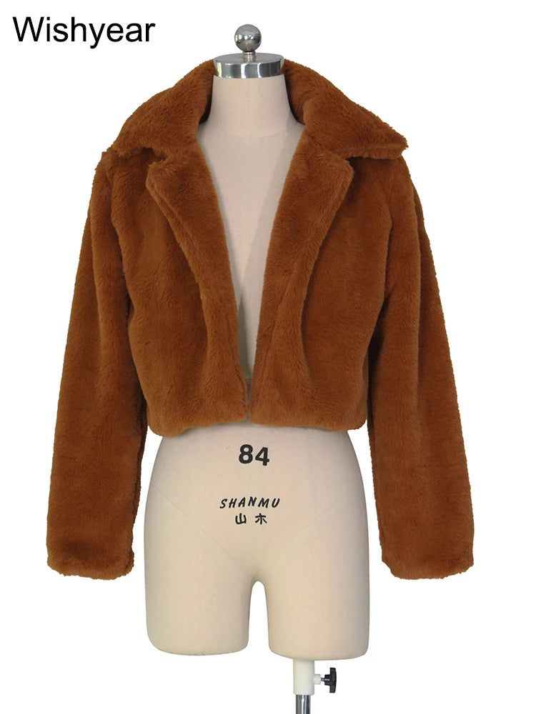 Fashion Faux Fur Open Stitch Lapel Crop Jackets Women Clothing Autumn Winter Solid Long Sleeve Warm Furry Fluffy Coat Outer Wear