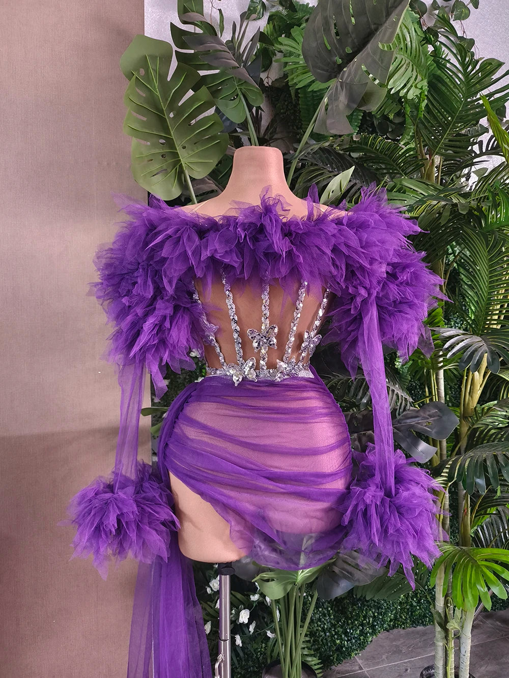 White Purple Women Sexy Strapless Mesh Ruffles 2 Pieces Bodycon Mini Dress See Through Celebrate Nightclub Party Birthday Wear