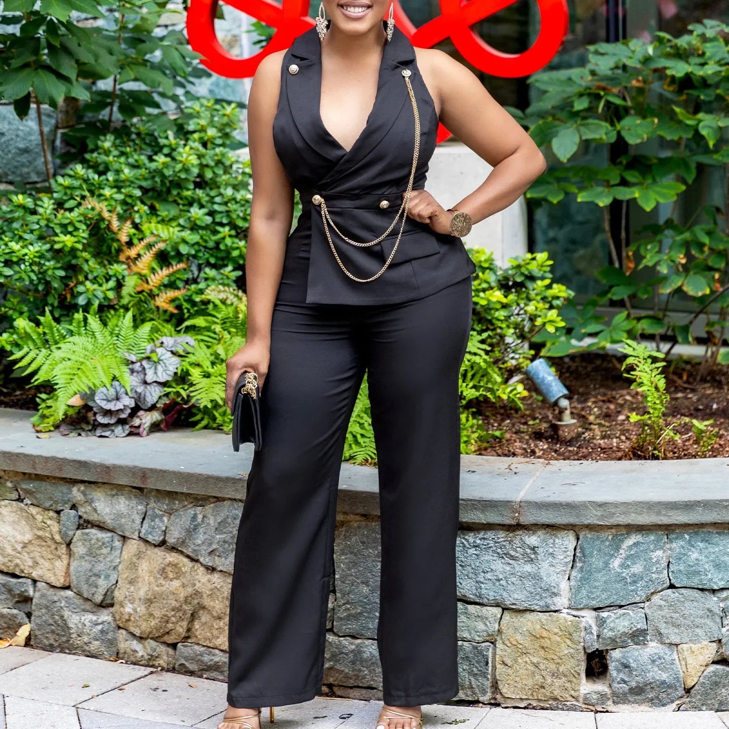 C8604 Foreign Trade Women's Fashionable Sexy Chain Collar Wide Leg African Jumpsuit Casual Style Long Dress For Ladies