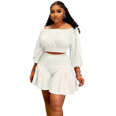 Customized Plus Size Women's Set Long Sleeve Slash Neck T-Shirt and Shorts 2025 Summer Ruched Two 2 Piece Set Outfits Tracksuit