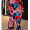Casual Sets for Women 2 pieces Summer Fashion Printed Satin Two Piece Sets Women Sexy Round Neck Top+Wide Leg Long Pants Outfits
