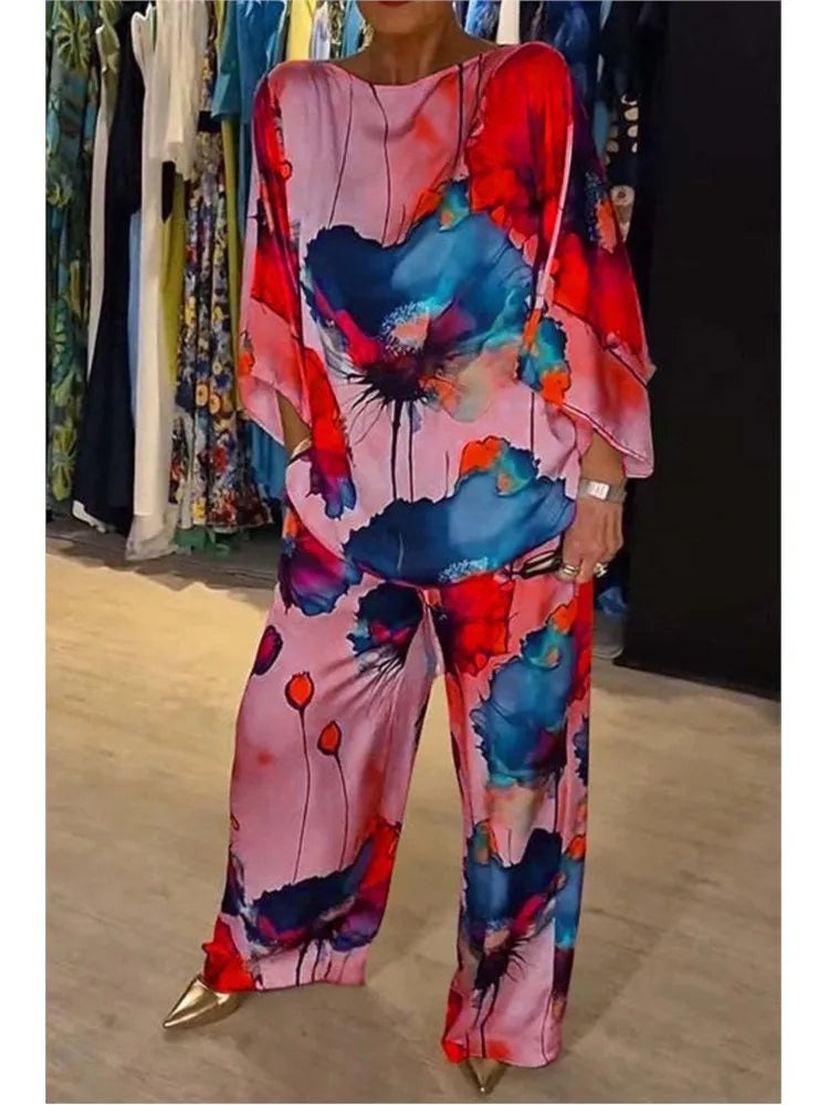 Casual Sets for Women 2 pieces Summer Fashion Printed Satin Two Piece Sets Women Sexy Round Neck Top+Wide Leg Long Pants Outfits