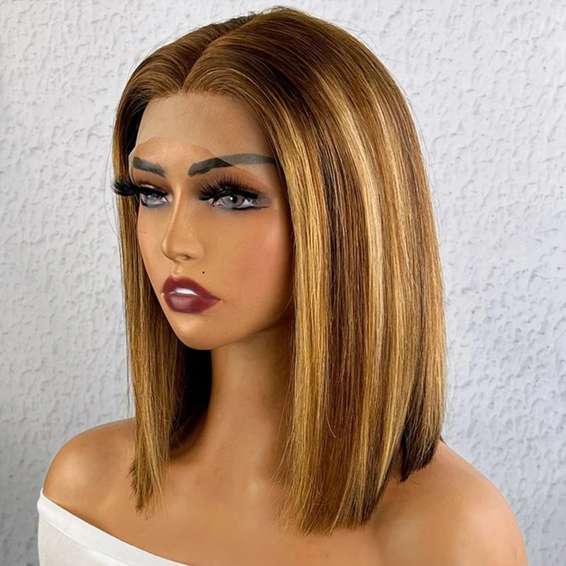 4/27 Highlight Bob Wigs Piano Colored Straight 13x4 Lace Frontal Human Hair Wig For Women HD Transparent Full Lace Bob Wigs