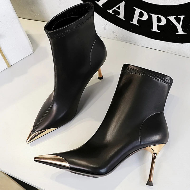 BIGTREE shoes Autumn Winter Boots Metal Pointed tip Women Boots Fashion Leather Boots High Heels Stilettos New Women Ankle Boots