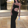 Weird Puss Metal Buckle Dress Women Irregular Hollow Split One Shoulder Skinny Ruched Waistless Midnight Clubwear Maxi Bodycon