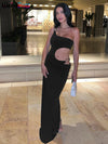 Weird Puss Metal Buckle Dress Women Irregular Hollow Split One Shoulder Skinny Ruched Waistless Midnight Clubwear Maxi Bodycon