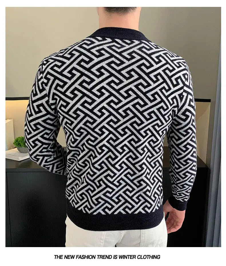 Autumn Winter Velvet Knitted Sweater Men's Long Sleeve Round Necked Sweater Slim Fit Casual Business Knitwear Tops Men Clothing