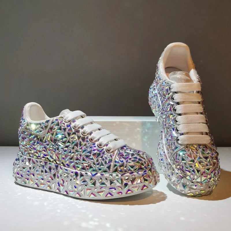 Leather Women Shoes Autumn Spring  New Style Fashion Platform Shoes Ins Platforms Sneakers Tide Shine Bling Rhinestone Shoes