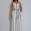 HLJ Elegant Stripe Patchwork Jumpsuits Women Halter Sleeveless Bow Belted Wide Legs Rompers Female Night Clubwear Overalls New