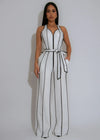 HLJ Elegant Stripe Patchwork Jumpsuits Women Halter Sleeveless Bow Belted Wide Legs Rompers Female Night Clubwear Overalls New