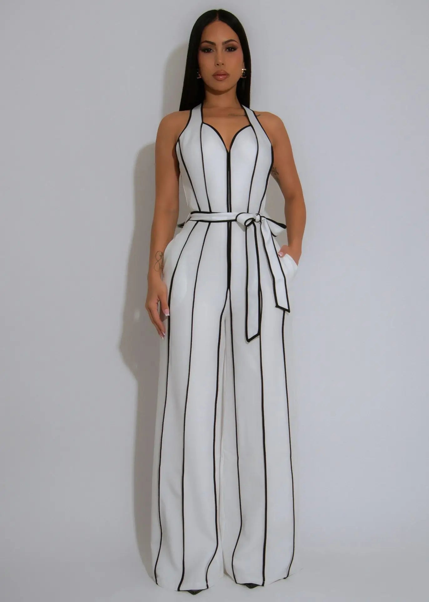 HLJ Elegant Stripe Patchwork Jumpsuits Women Halter Sleeveless Bow Belted Wide Legs Rompers Female Night Clubwear Overalls New