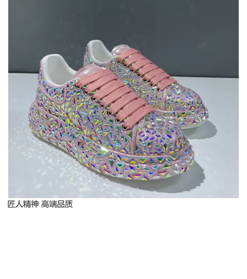 Leather Women Shoes Autumn Spring  New Style Fashion Platform Shoes Ins Platforms Sneakers Tide Shine Bling Rhinestone Shoes