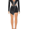 Women Sexy Rompers V-Neck Mesh Rhinestone Skinny Long Sleeve Playsuits