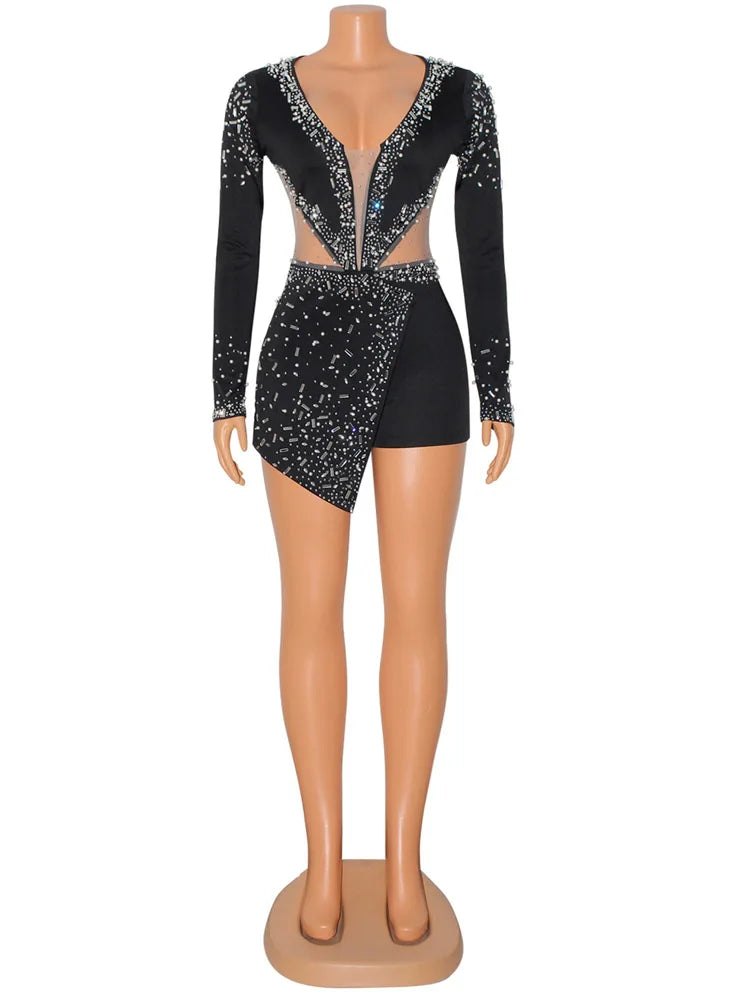 Women Sexy Rompers V-Neck Mesh Rhinestone Skinny Long Sleeve Playsuits