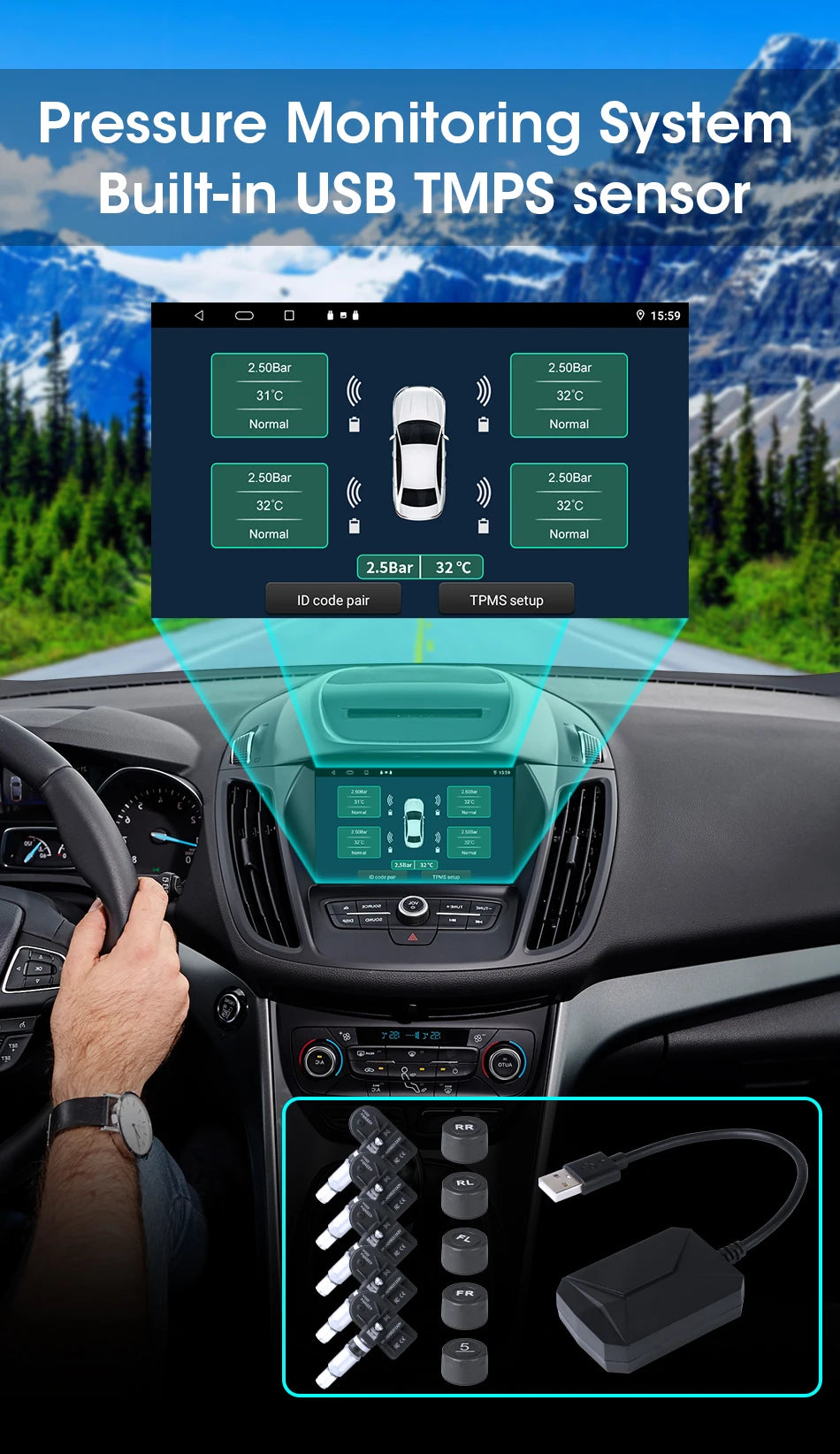 JMCQ USB Android TPMS Tire Pressure Monitoring System Display Alarm System Internal External 5 Sensors For Car Navigation Radio
