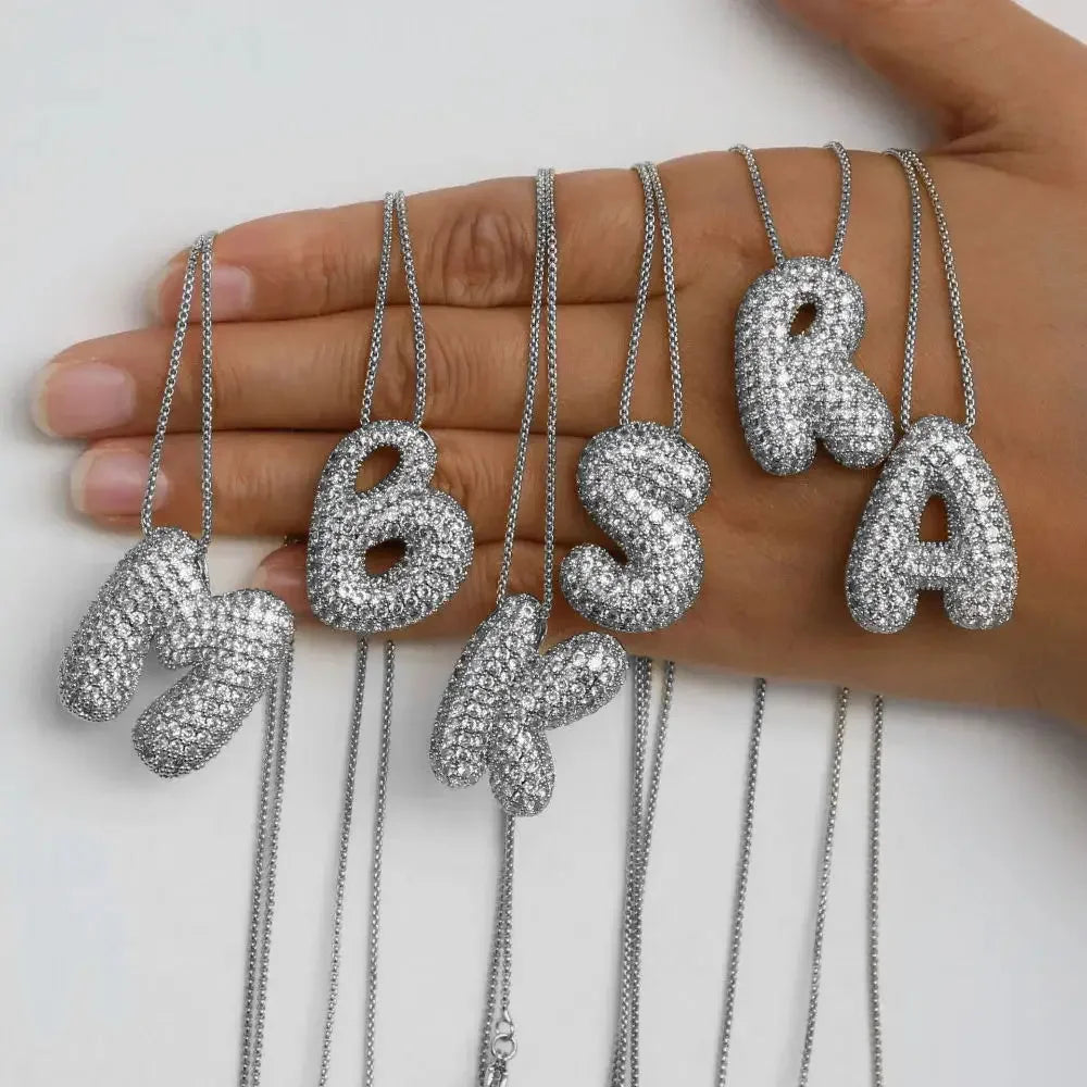 18K Gold Plated Waterproof Thick Bubble Alphabet Letter Clavicle Choker Necklace Sparkling Rhinestone Balloon Initial Jewelry