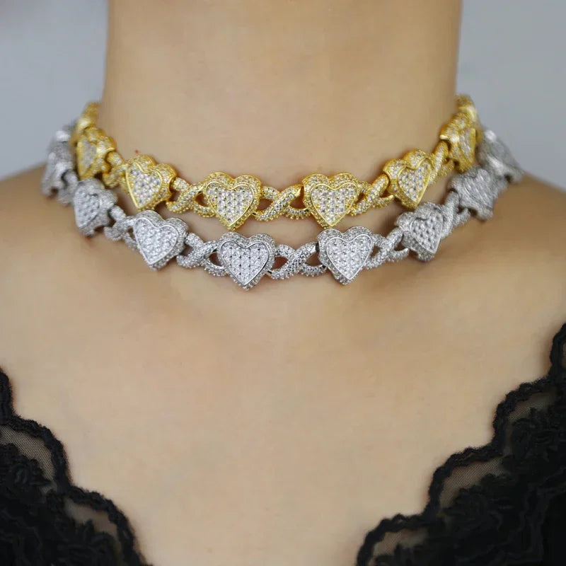 2025 Iced Out Bling Full Paved 5A Cubic Zirconia CZ Heart Charm Infinity Chain Choker Necklace Jewelry For Women Men