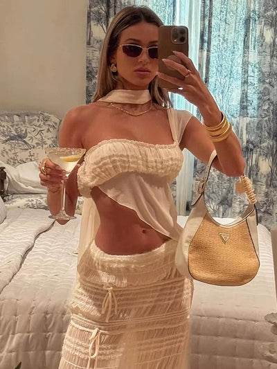 Weird Puss See Through 2-Piece Set Scarf Strapless Top Mesh Irregular Hem+Multi-Pleated Skirt Beach Party Matching Pretty Suits