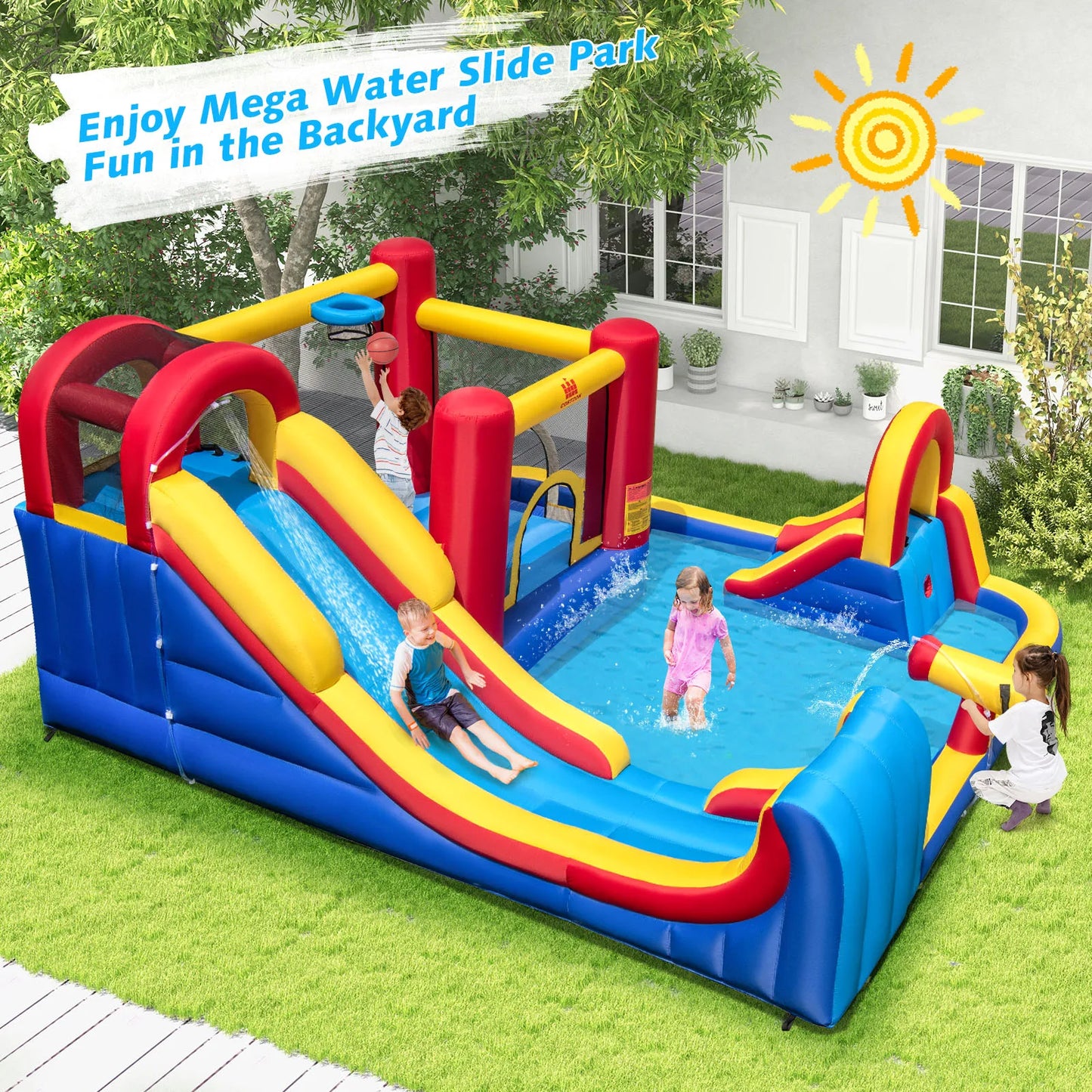 Inflatable Water Slide Giant Kids Water Park w/ Double Slides without Blower