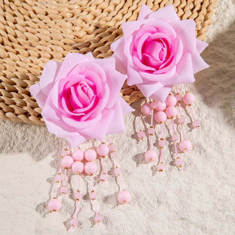 Tocona Bohemia for Women Long Tassel Earrings Multicolor Rose Flower Pendant  Earrings Exquisite Party Jewelry Accessories