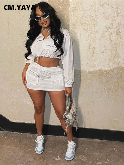CM.YAYA Fashion Safari Style Women's Set Long Sleeve Zipper Fly Tops and Cargo Midi Mini Skirts Suit 2025 Two 2Piece Sets Outfit