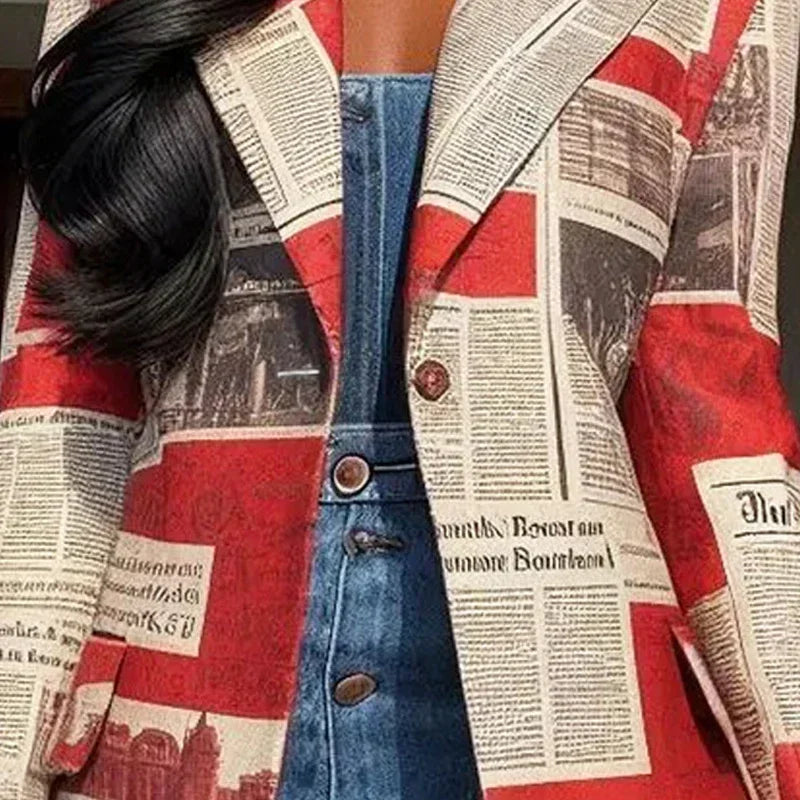 Yeezzi Women's Notched Collar Blazer 2025 New Spring Long Sleeves Fashion Newspaper Printed Urban Casual Streetwear Outerwears