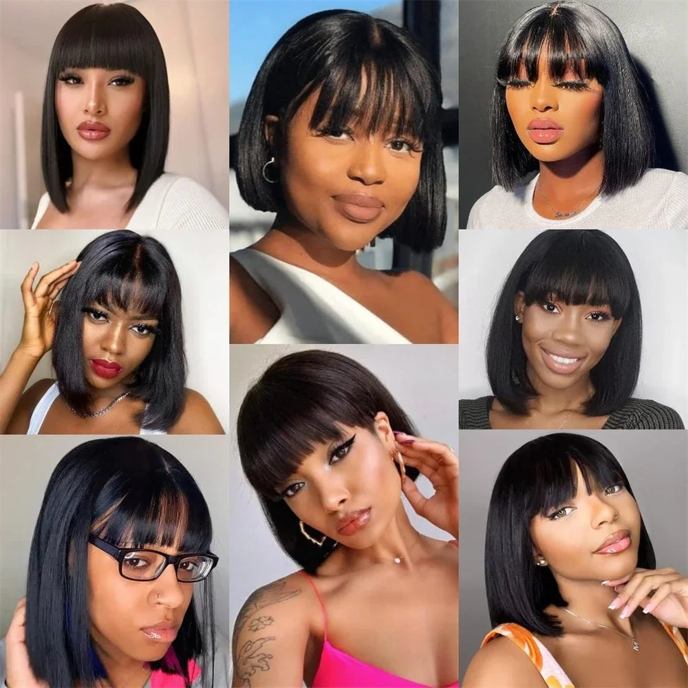 Choice Short Bob Wig Bone Straight 100% Human Hair With Bangs  3x1 Lace Middle Part Wigs For Black Women Bob Wigs