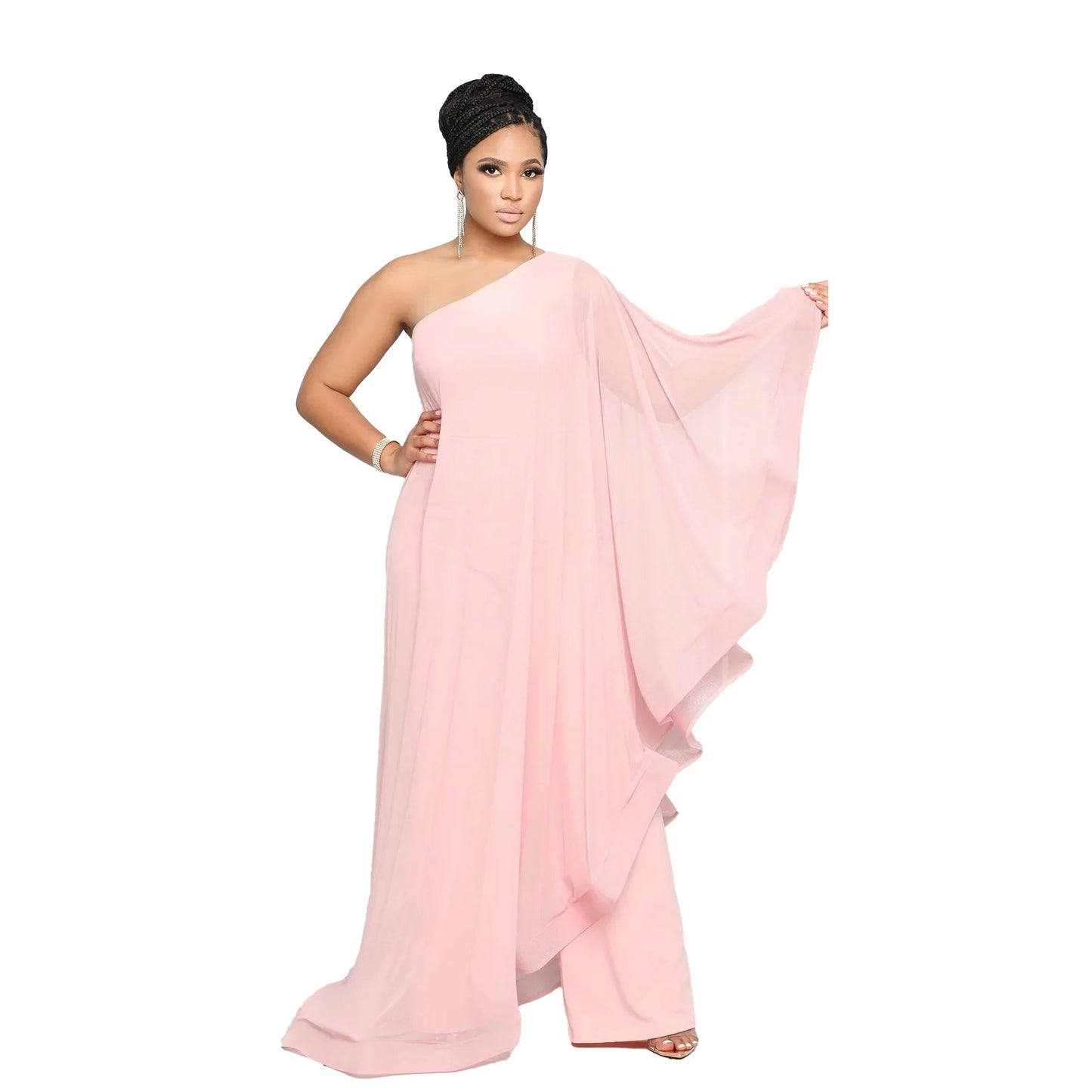 Sexy Chic Women One Shoulder Jumpsuit Chiffon Long Sleeve Prom Party Clothes Designer One Piece Ruffles Rompers 2023