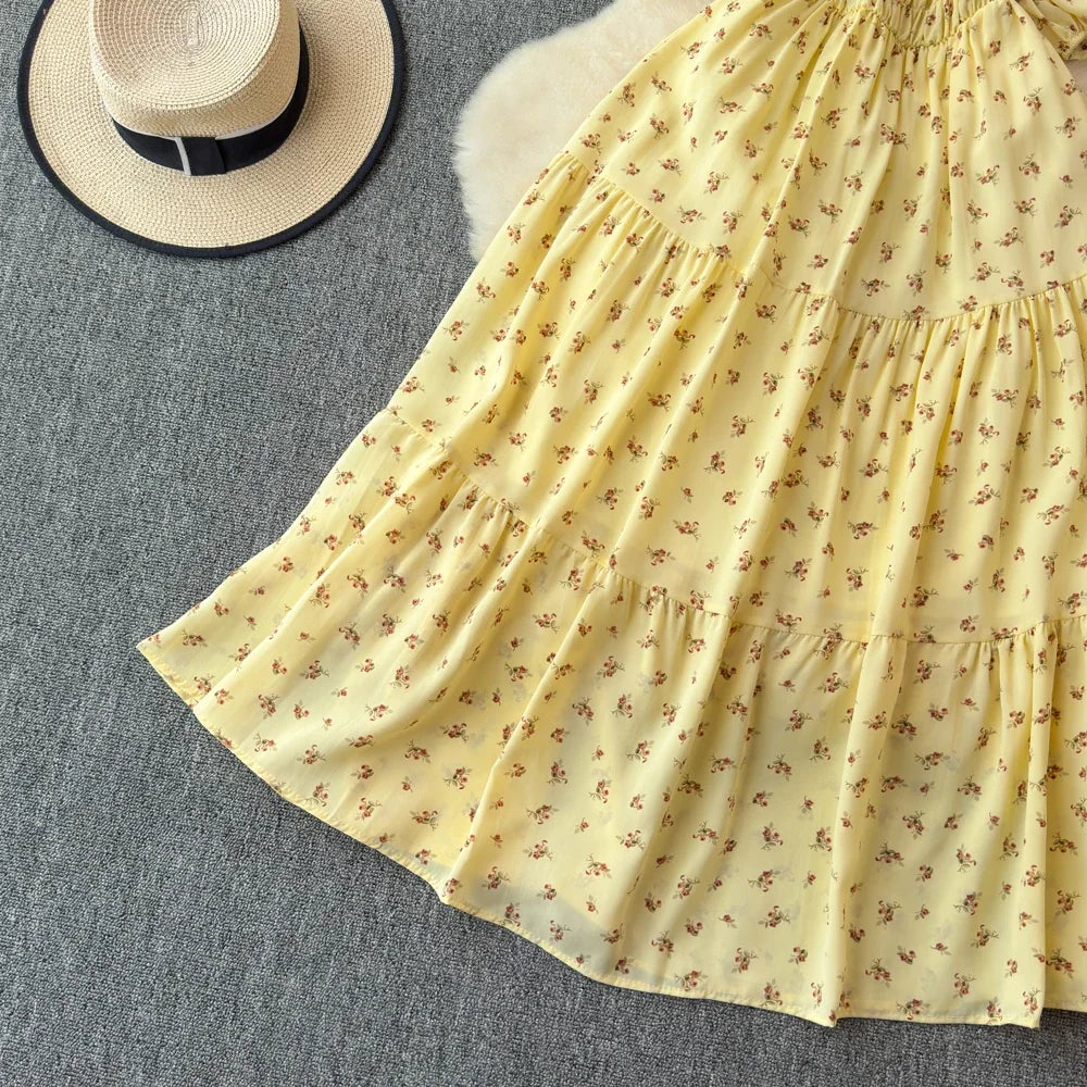 2024 New Summer Flower Print Long Dress Women Vintage Square Neck Ruched Chest Sash Bandage Sundress Party Vestidos