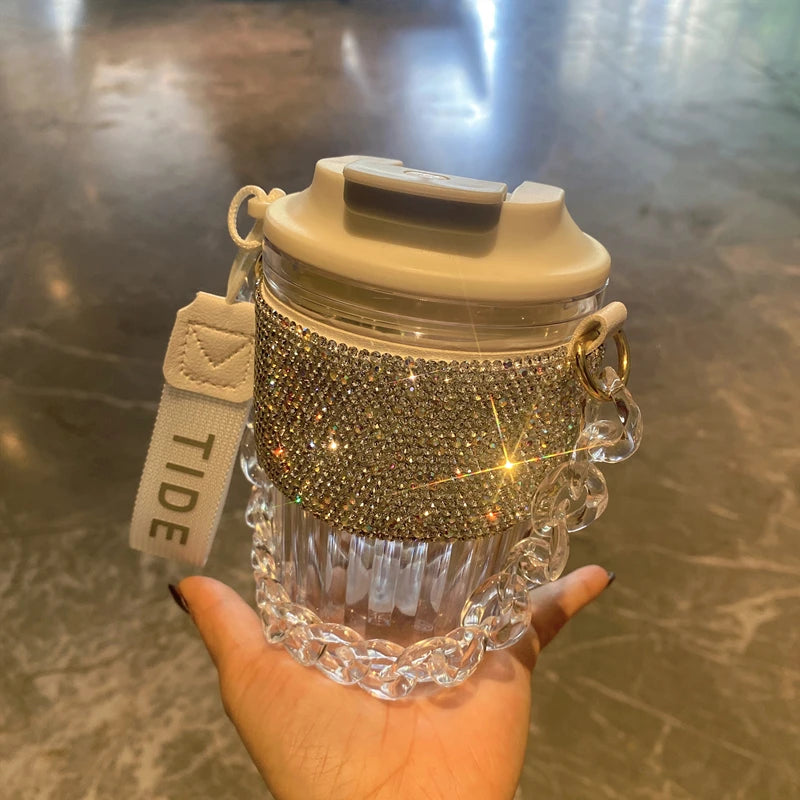 Chain Carry Straight Drink Coffee Cup Rhinestone PC/PP Portable Eco Friendly Non-slip Reusable Mug Outdoor Travel Water Bottle