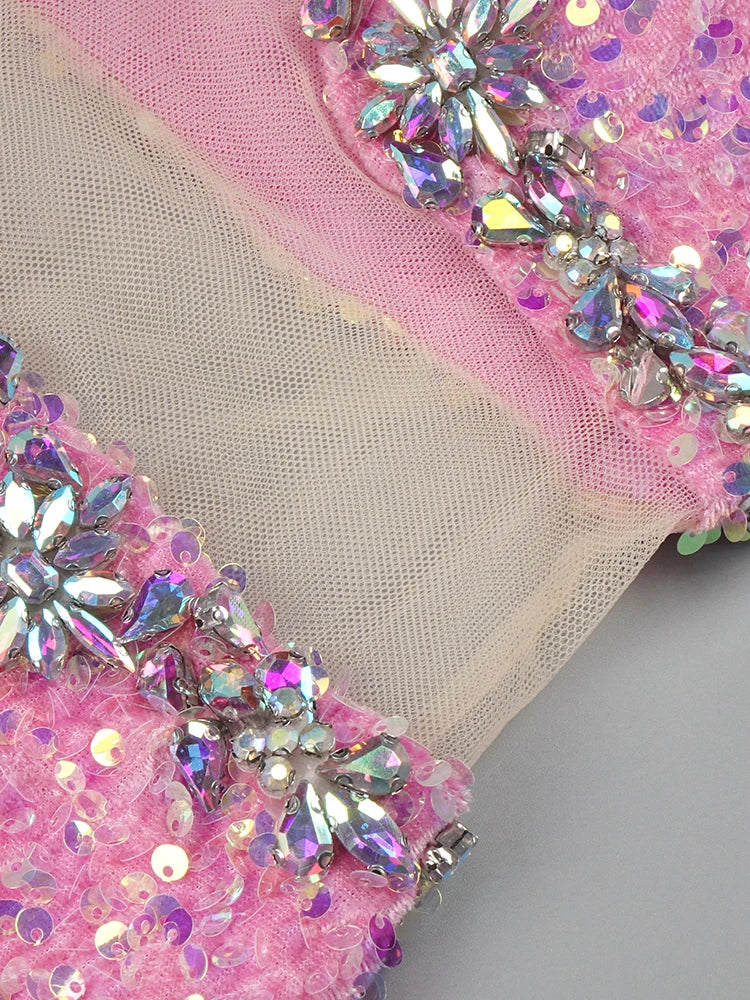 VC Pink Sparkly Sequins Long Dress Beaded Crystal Feather Embellished High Slit Straight Floor-length Prom Evening Gown Vestidos